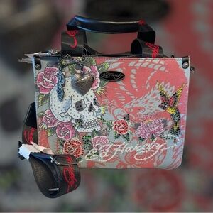 🌹☠️Ed Hardy Skull Rose Rhinestone Denim Tote🌹☠️-NWT